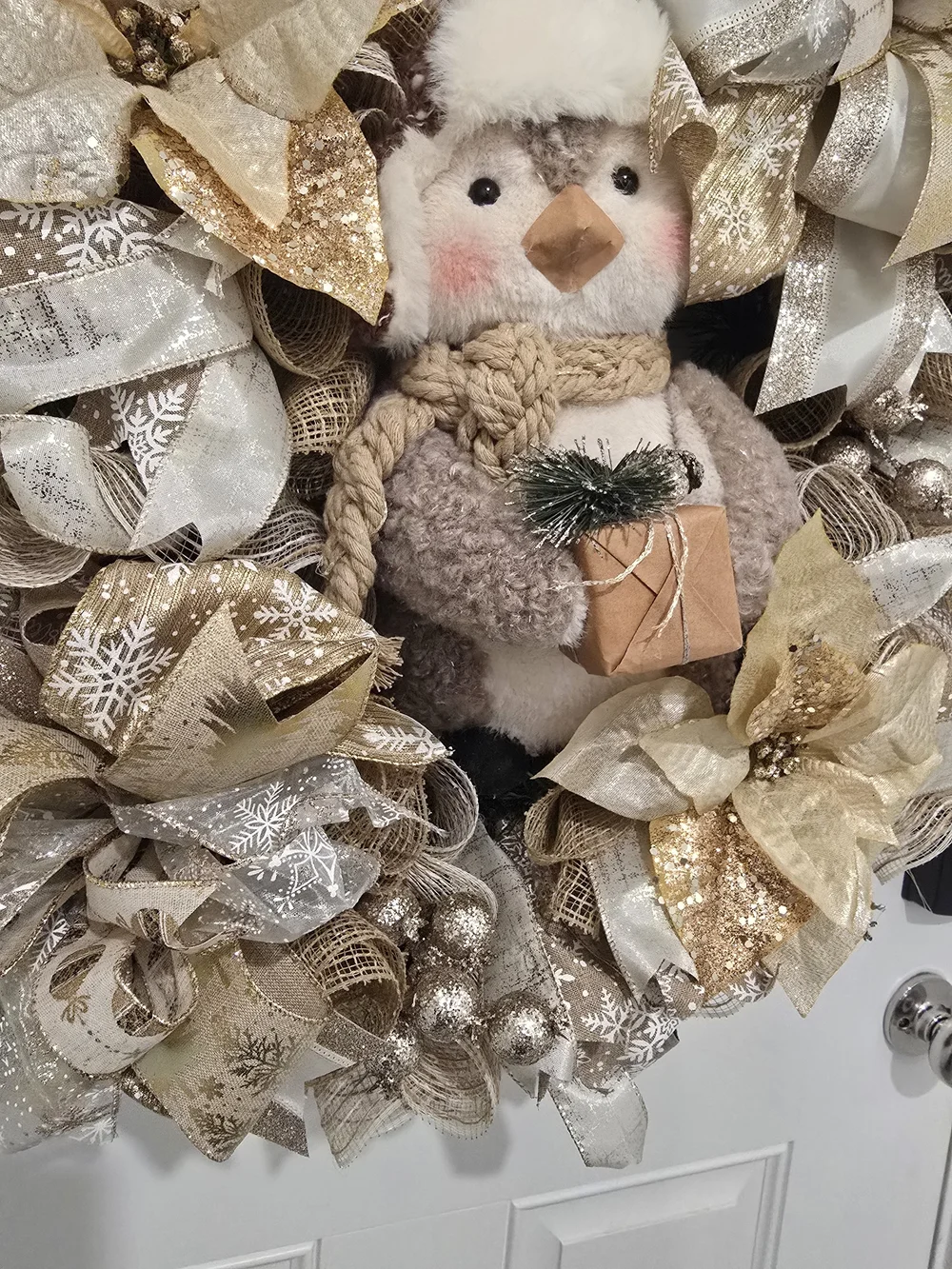 winter Penguin Holiday Wreath Christmas Gold and Cream Holiday Wreath with